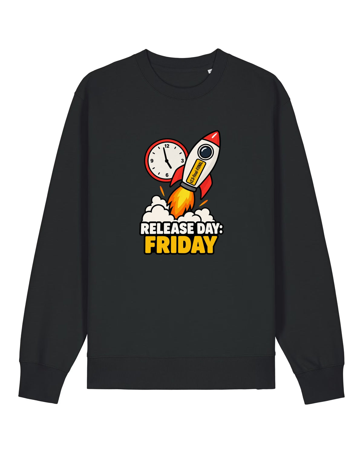 Black crewneck sweatshirt with rocket labelled "v2.8-final-FINAL" with "RELEASE DAY: FRIDAY"