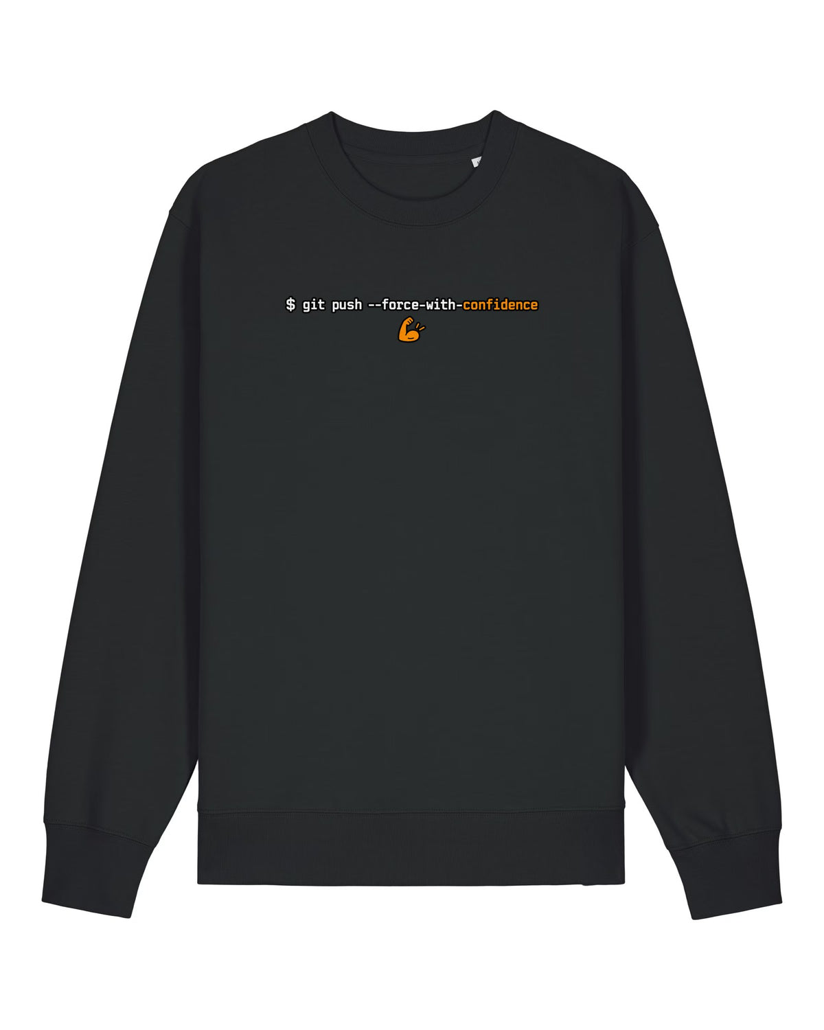 Black crewneck sweatshirt with terminal command "git push --force-with-confidence"