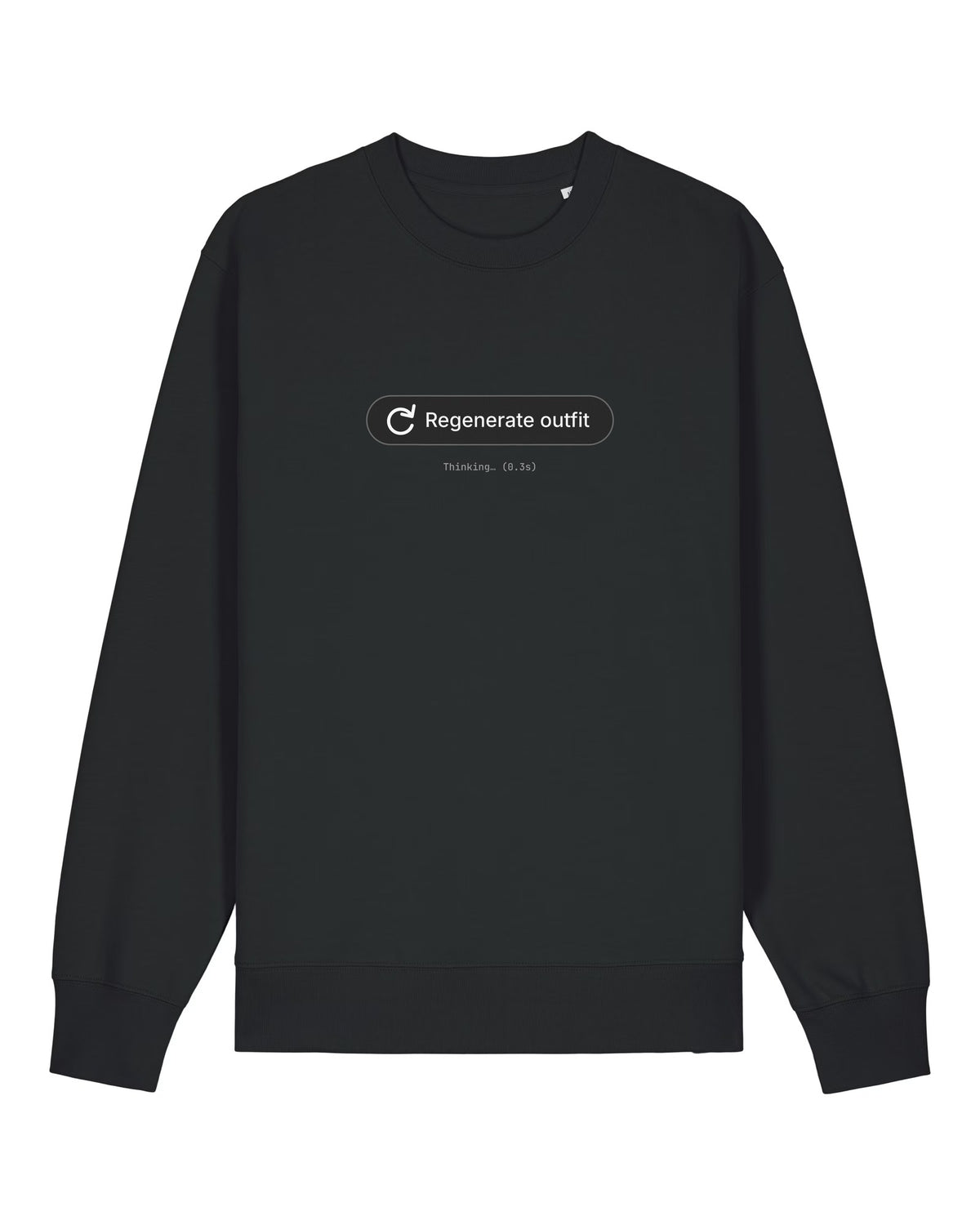 Black crewneck sweatshirt with "Regenerate outfit" button with a thinking indicator