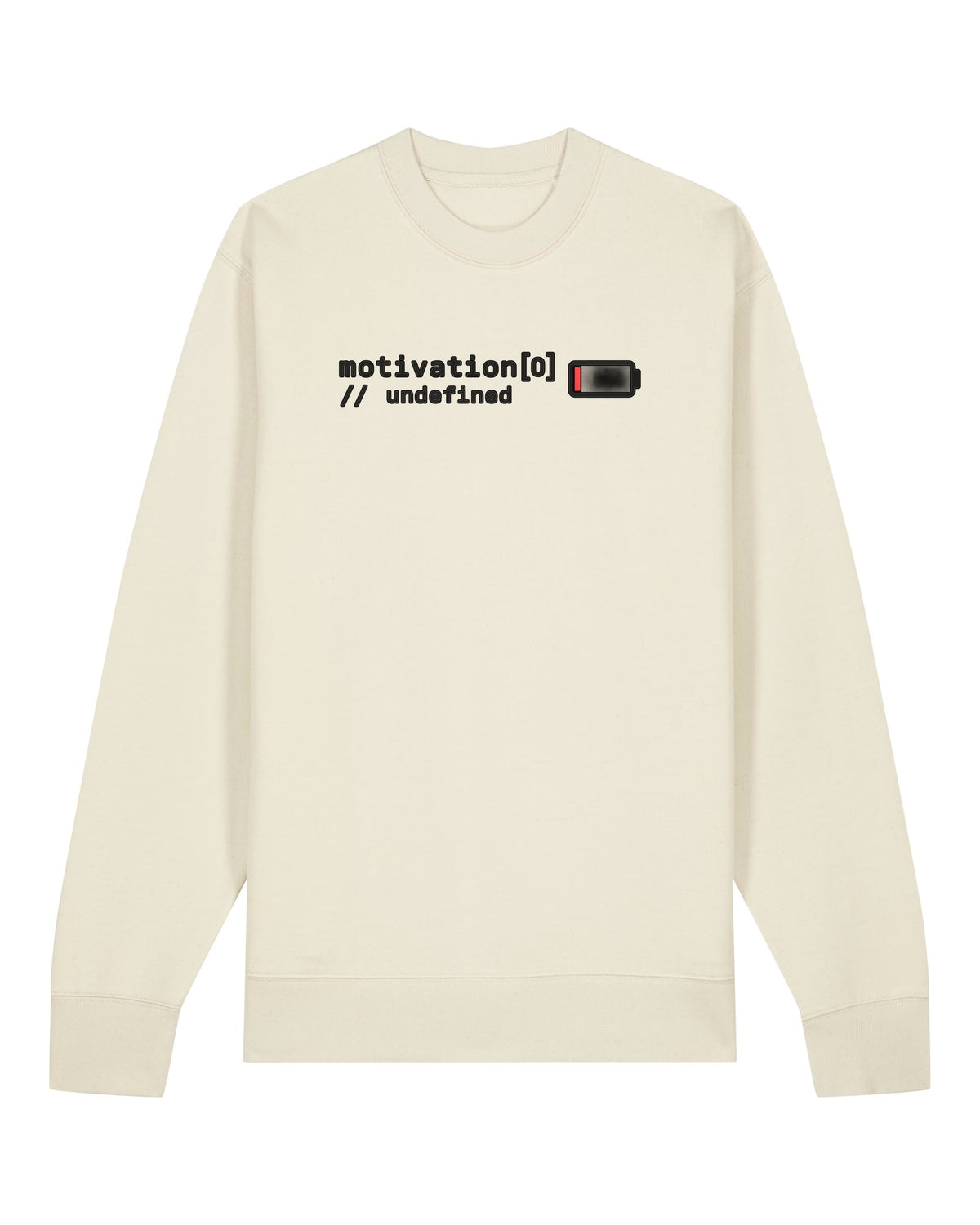 White crewneck sweatshirt with code "motivation[0] // undefined" with a battery at 3%