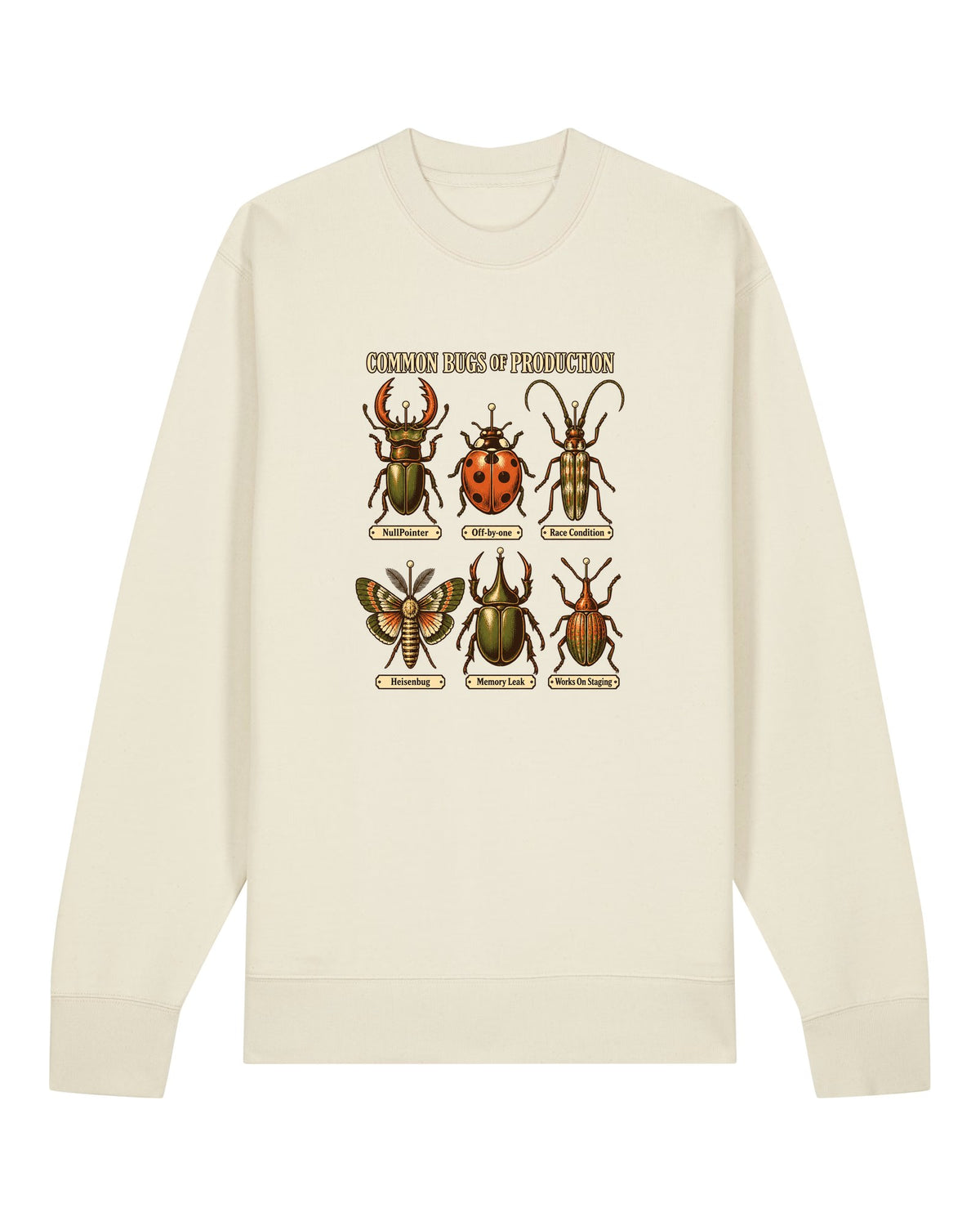 White crewneck sweatshirt with vintage entomology plate of software bugs like NullPointer and Heisenbug
