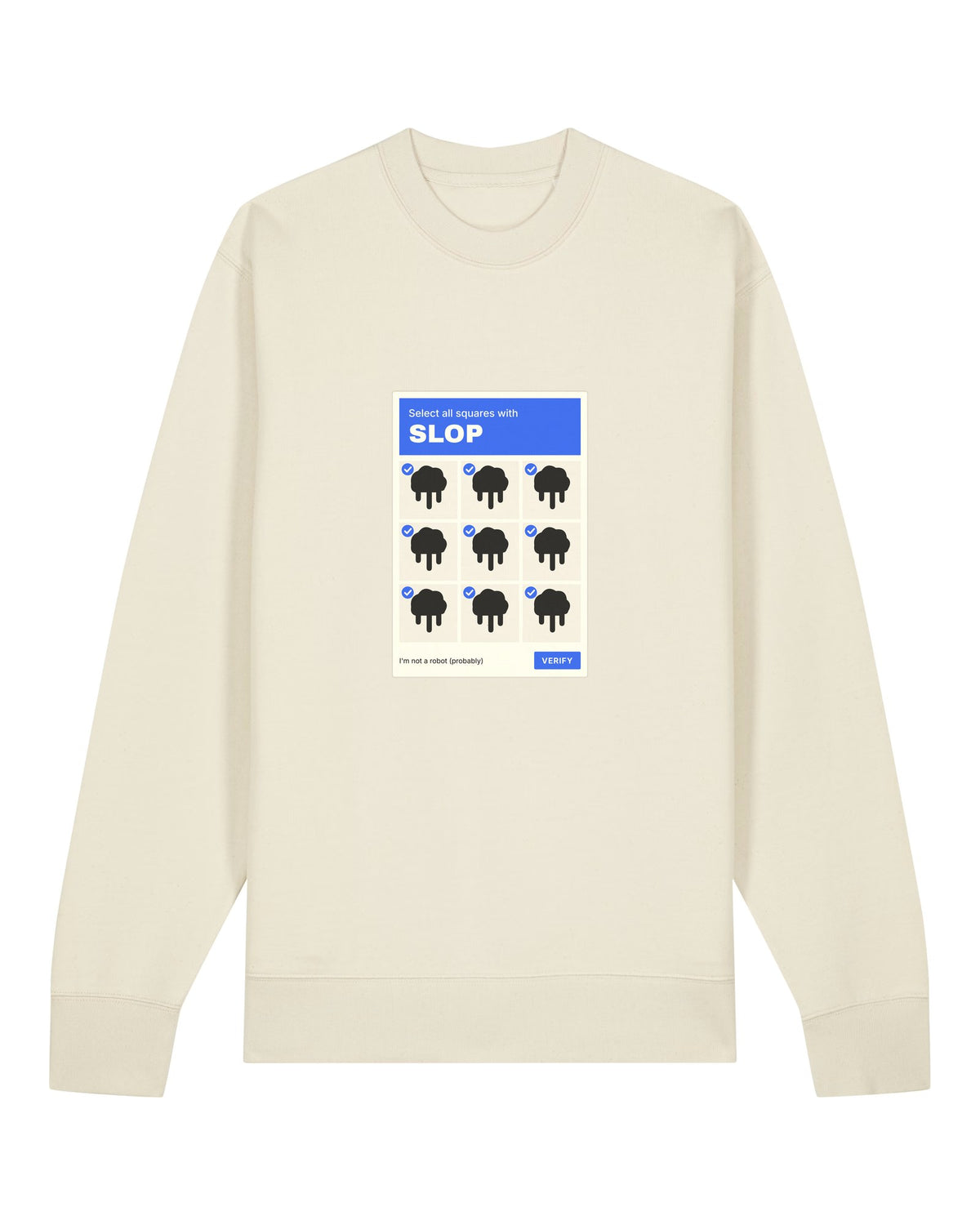 White crewneck sweatshirt with captcha grid "Select all squares with SLOP"