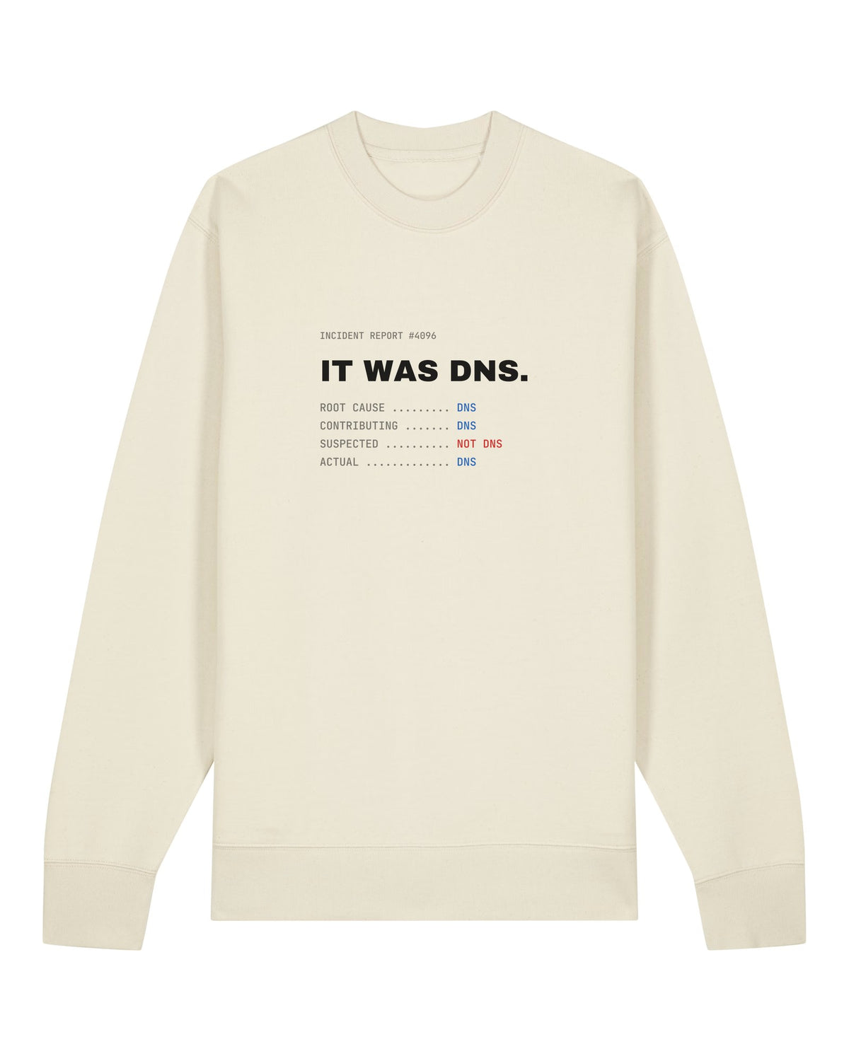 White crewneck sweatshirt with "IT WAS DNS." incident report print for sysadmins