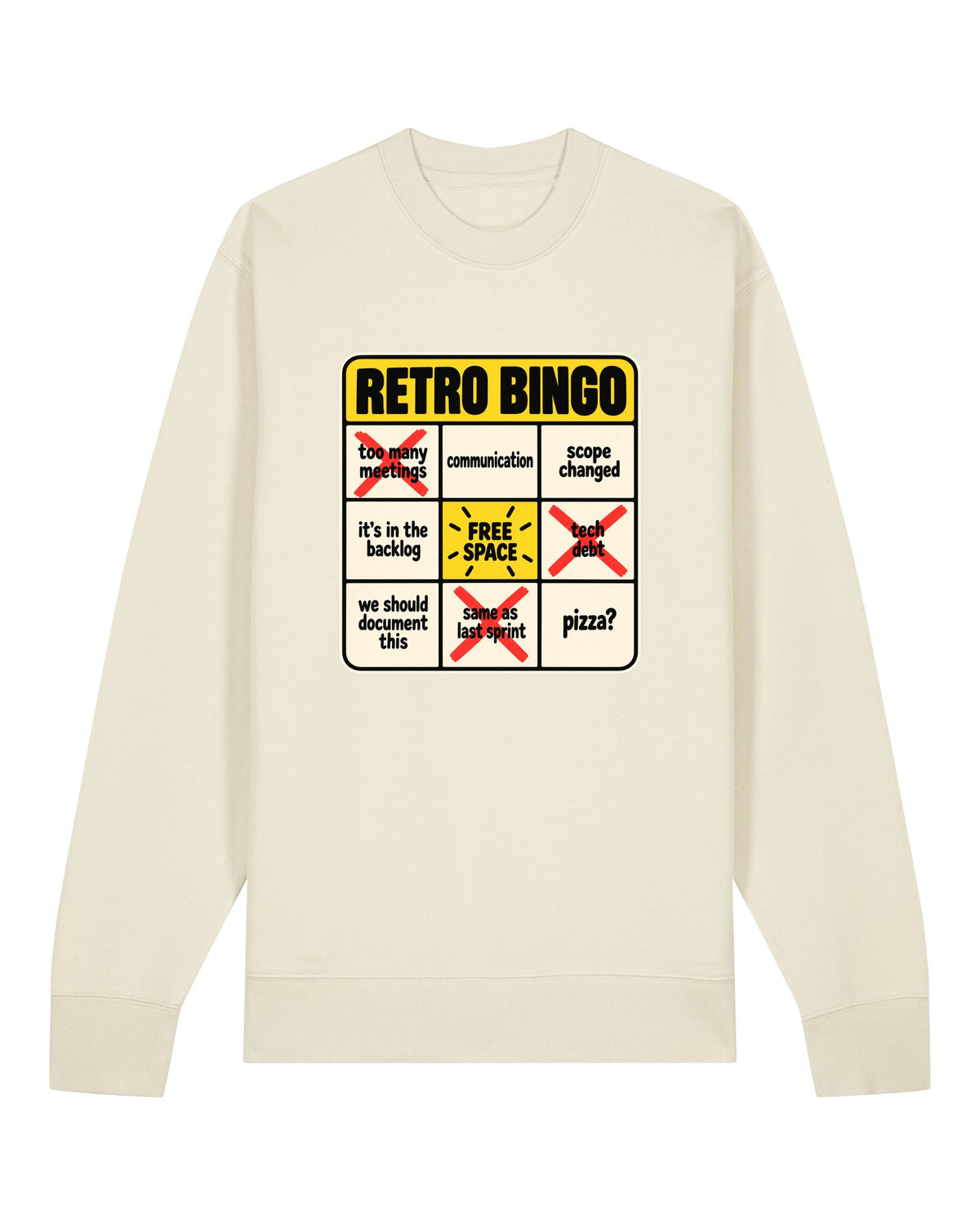 White crewneck sweatshirt with bingo card with sprint retrospective clichés