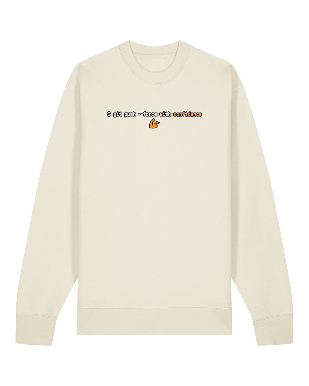 White crewneck sweatshirt with terminal command "git push --force-with-confidence"