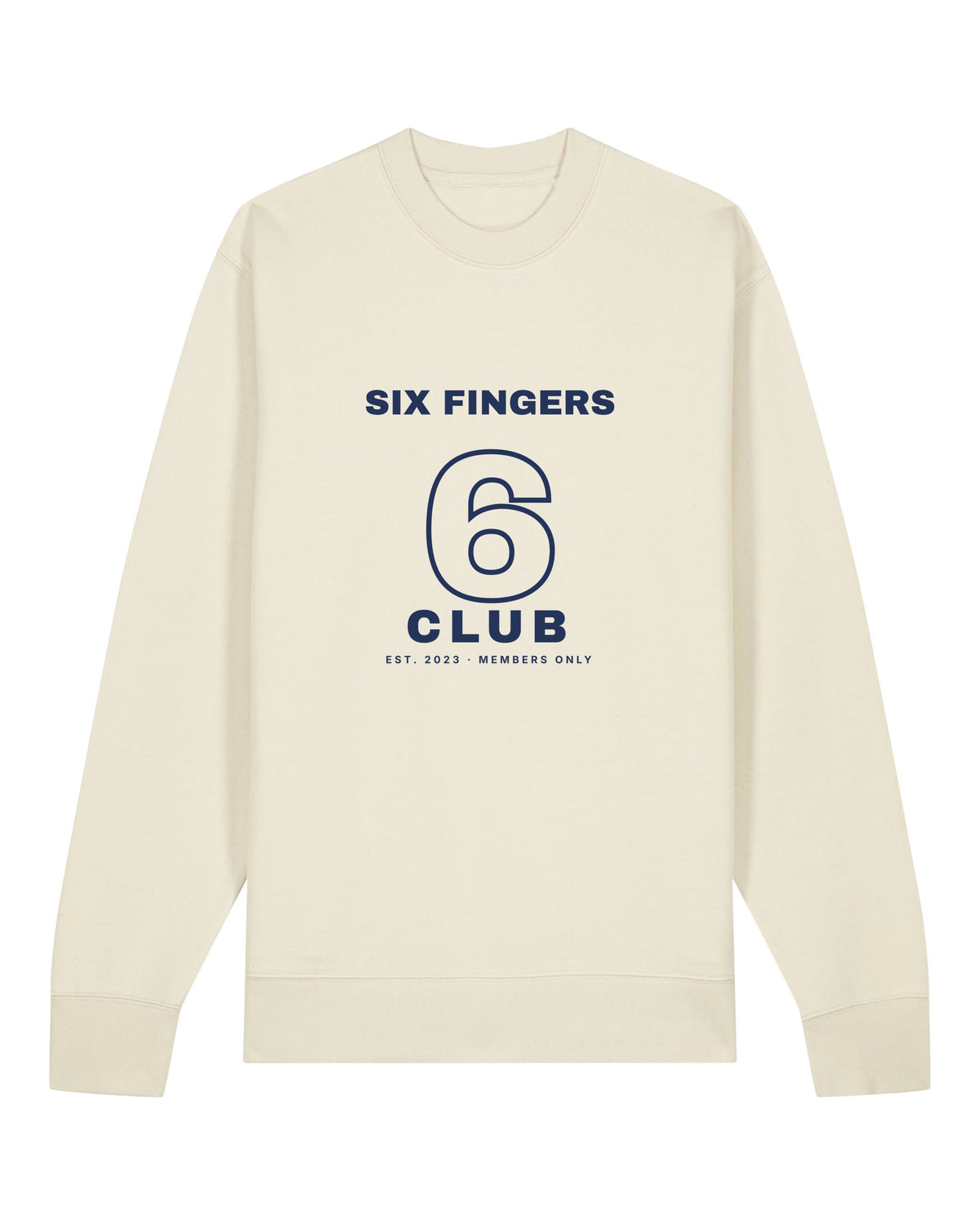 White crewneck sweatshirt with "Six Fingers Club" varsity print, an AI art meme