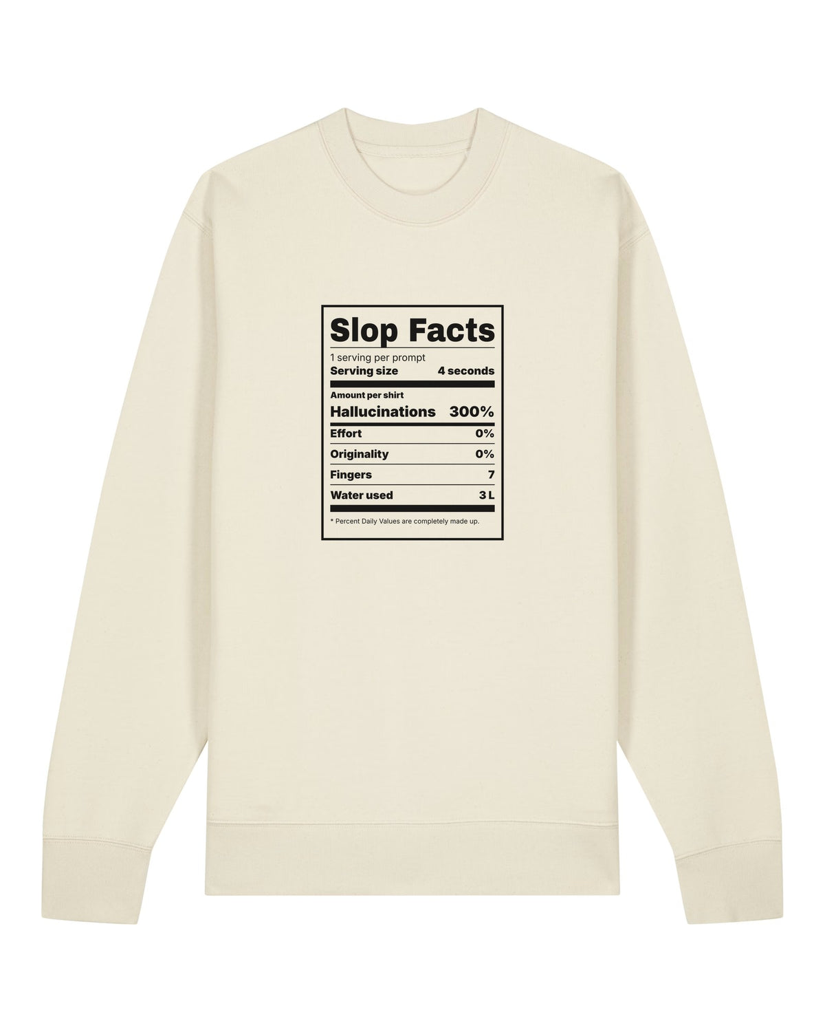 White crewneck sweatshirt with nutrition label parody "Slop Facts" with AI ingredients