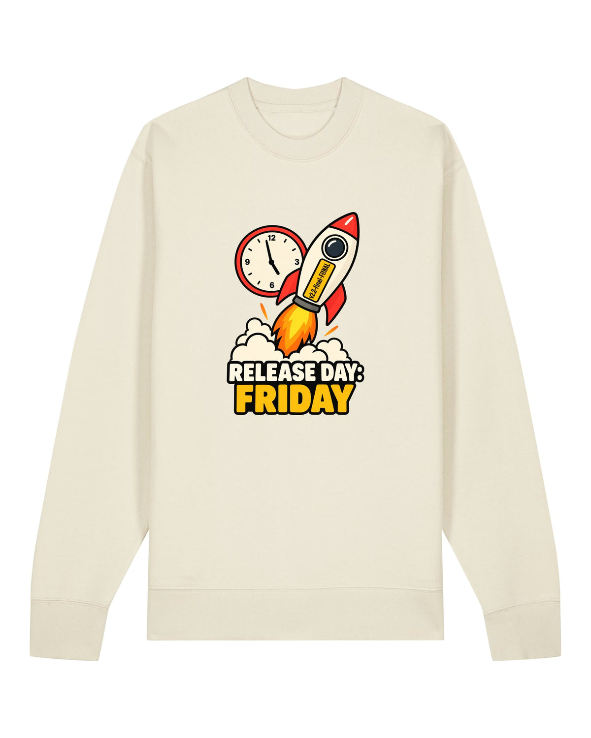 White crewneck sweatshirt with rocket labelled "v2.8-final-FINAL" with "RELEASE DAY: FRIDAY"