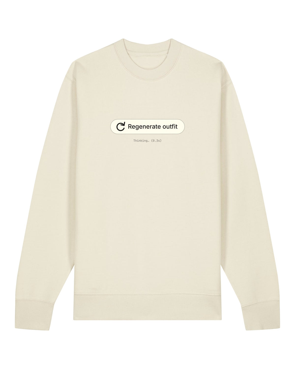 White crewneck sweatshirt with "Regenerate outfit" button with a thinking indicator