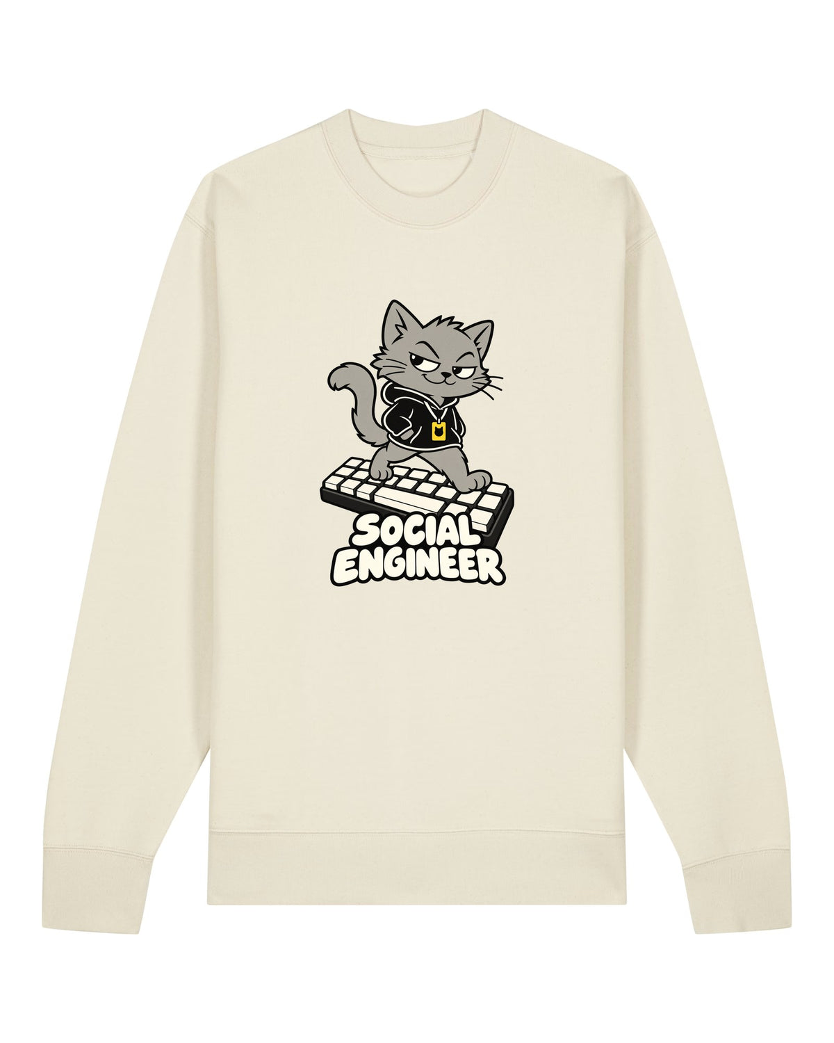 White crewneck sweatshirt with cat in a hoodie with a lanyard, "SOCIAL ENGINEER"
