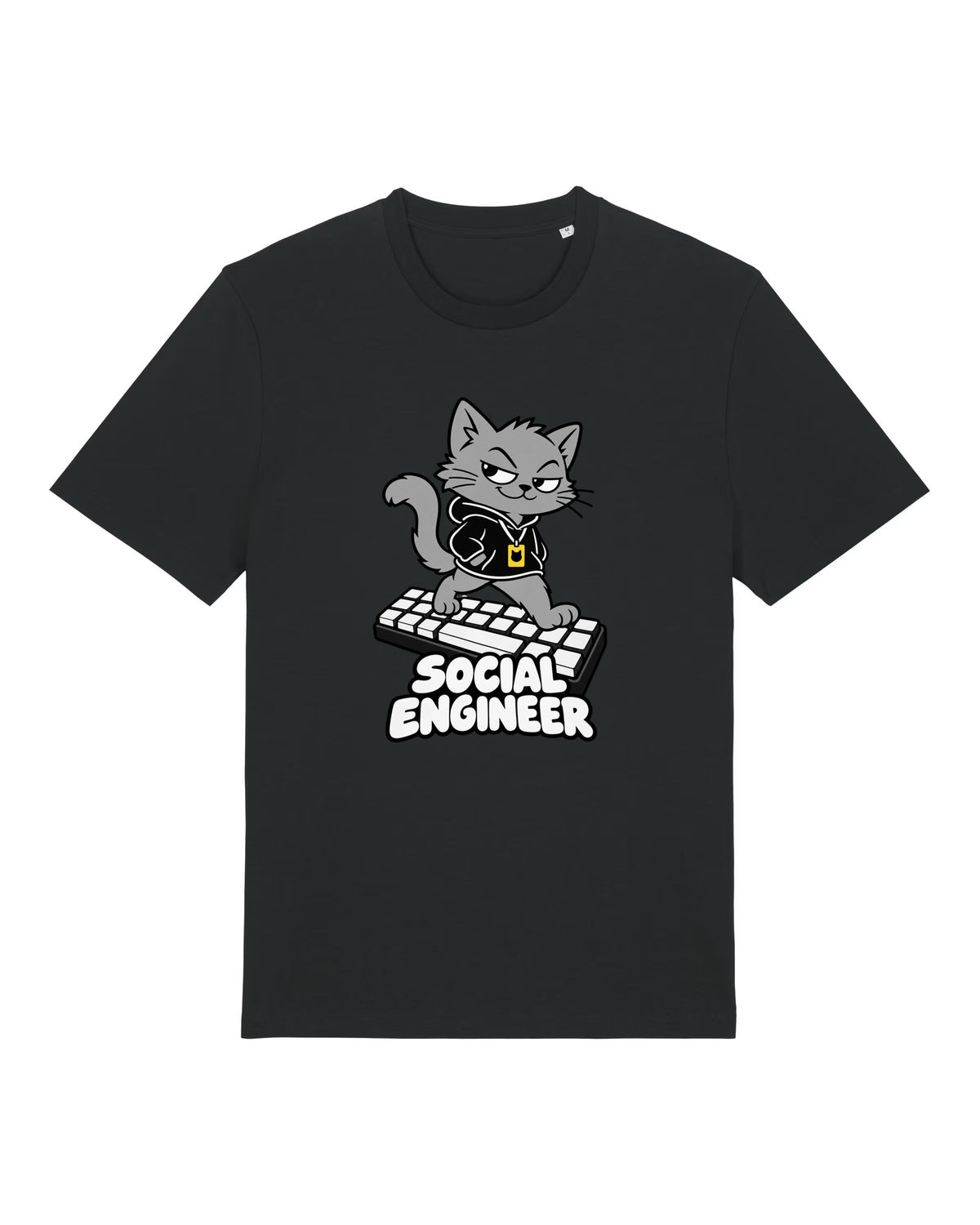 Black t-shirt with cat in a hoodie with a lanyard, "SOCIAL ENGINEER"