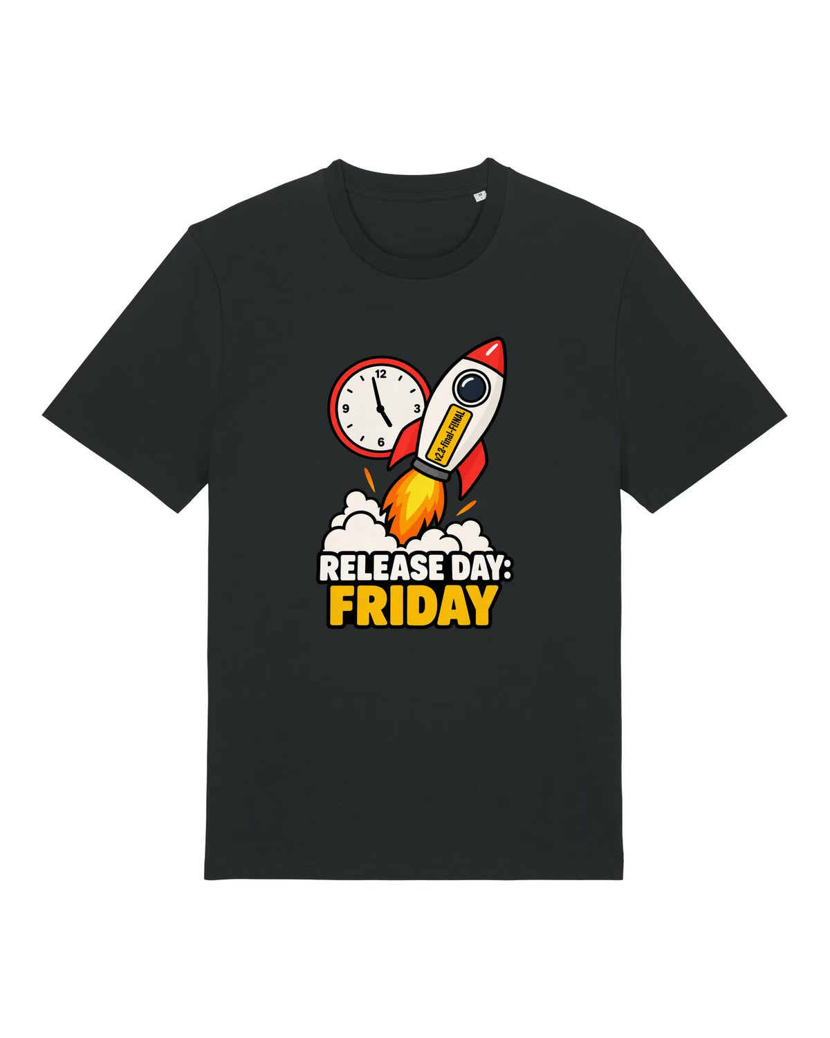 Black t-shirt with rocket labelled "v2.8-final-FINAL" with "RELEASE DAY: FRIDAY"