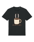 Black t-shirt with steaming coffee cup made of curly braces with "while (coffee > 0) { code(); }"