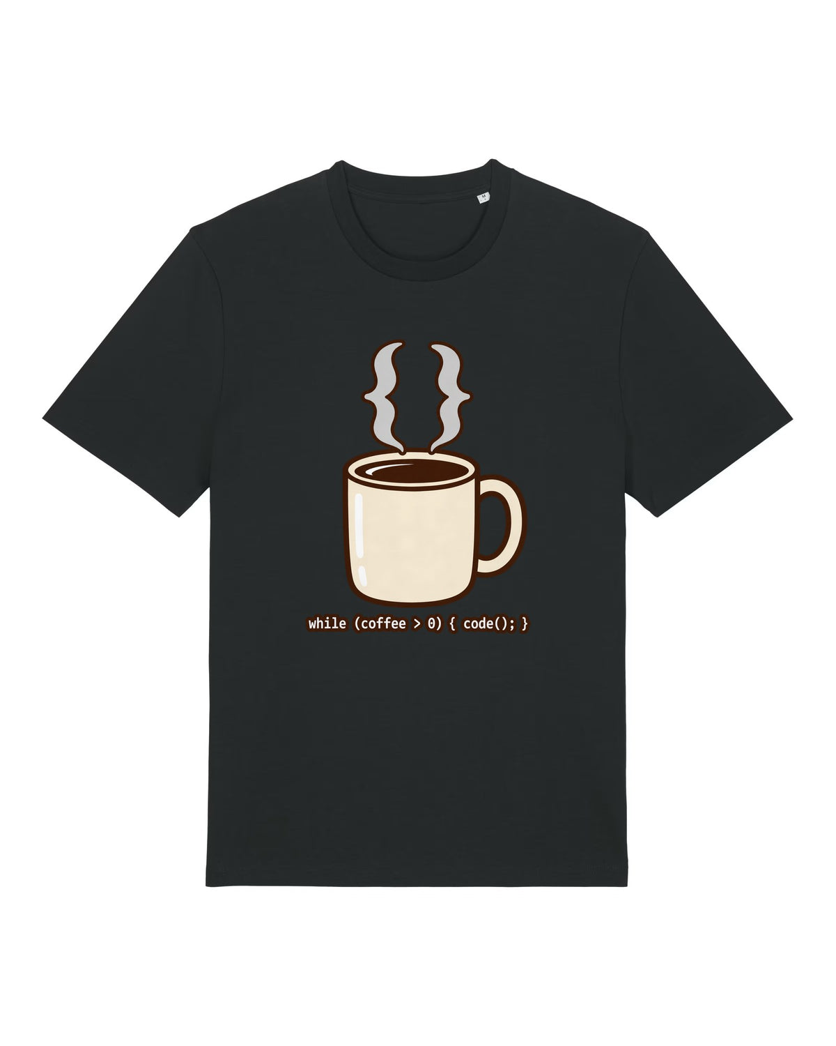 Black t-shirt with steaming coffee cup made of curly braces with "while (coffee > 0) { code(); }"