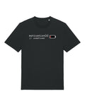 Black t-shirt with code "motivation[0] // undefined" with a battery at 3%