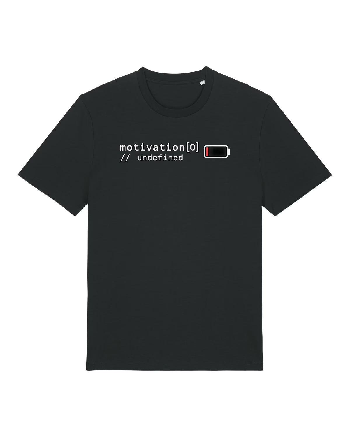 Black t-shirt with code "motivation[0] // undefined" with a battery at 3%