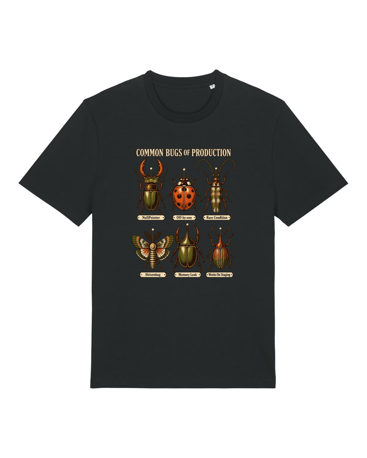 Black t-shirt with vintage entomology plate of software bugs like NullPointer and Heisenbug