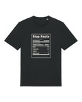 Black t-shirt with nutrition label parody "Slop Facts" with AI ingredients