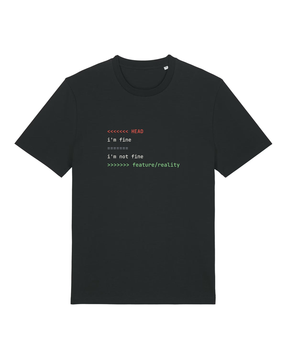 Black t-shirt with git merge conflict between "i'm fine" and "i'm not fine"