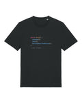 Black t-shirt with code loop "while (true) { standup(); sync(); }"