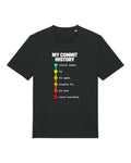 Black t-shirt with colour-coded git commit timeline from "initial commit" to "revert everything"