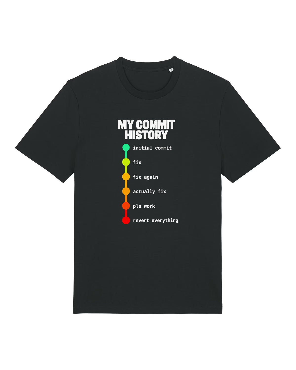 Black t-shirt with colour-coded git commit timeline from "initial commit" to "revert everything"