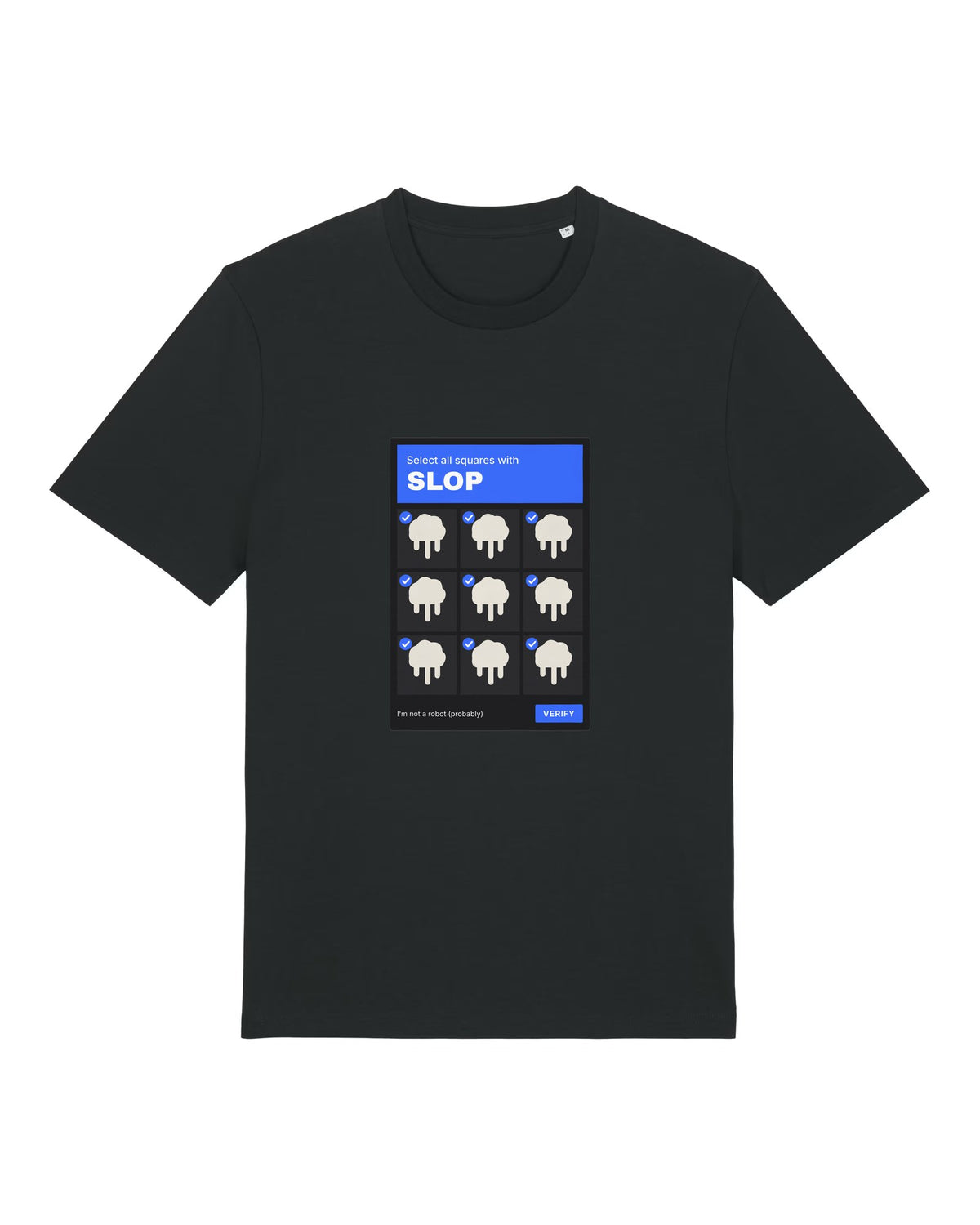 Black t-shirt with captcha grid "Select all squares with SLOP"