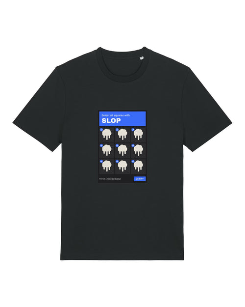 Black t-shirt with captcha grid "Select all squares with SLOP"