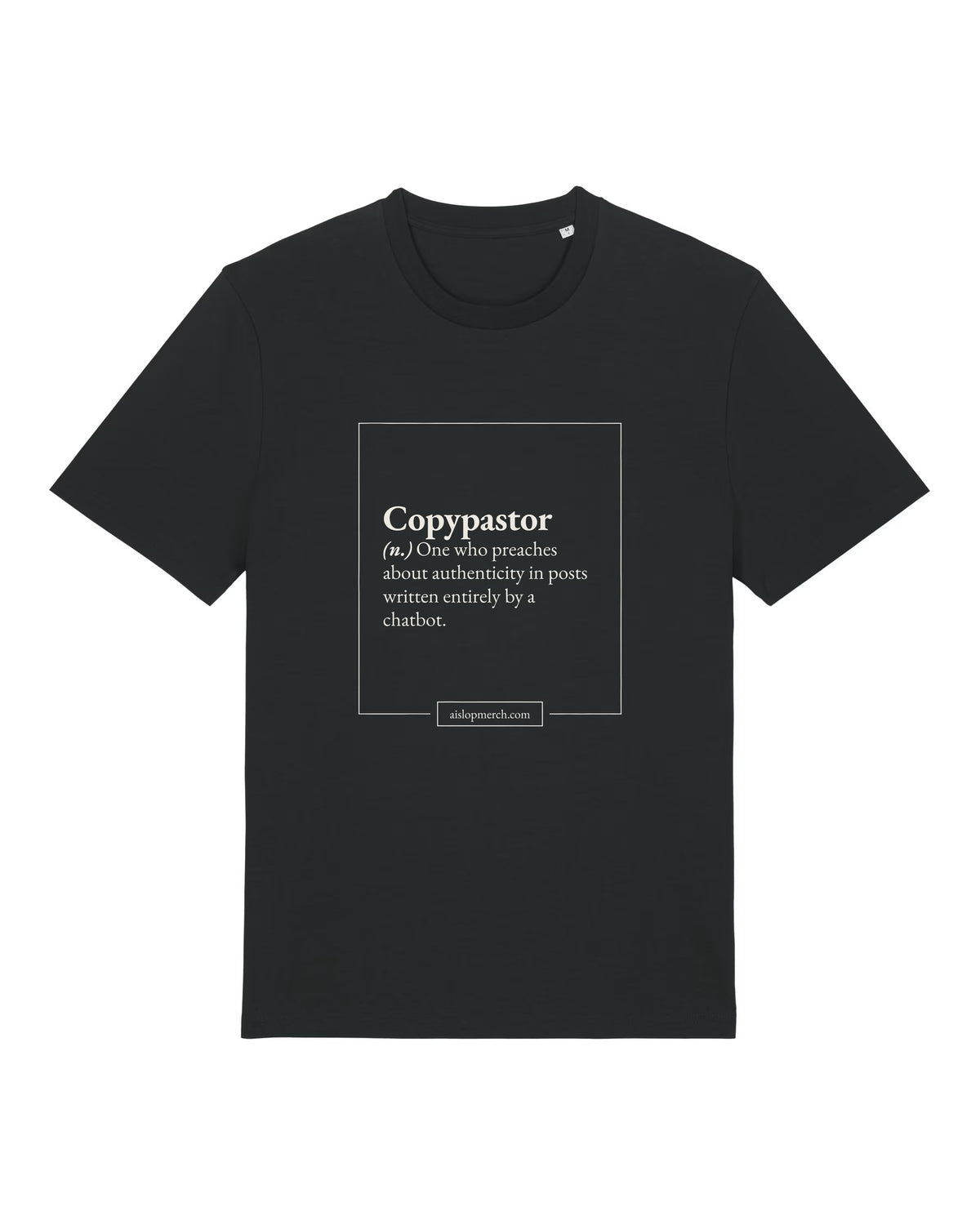 Black t-shirt with dictionary definition of "Copypastor (n.)"