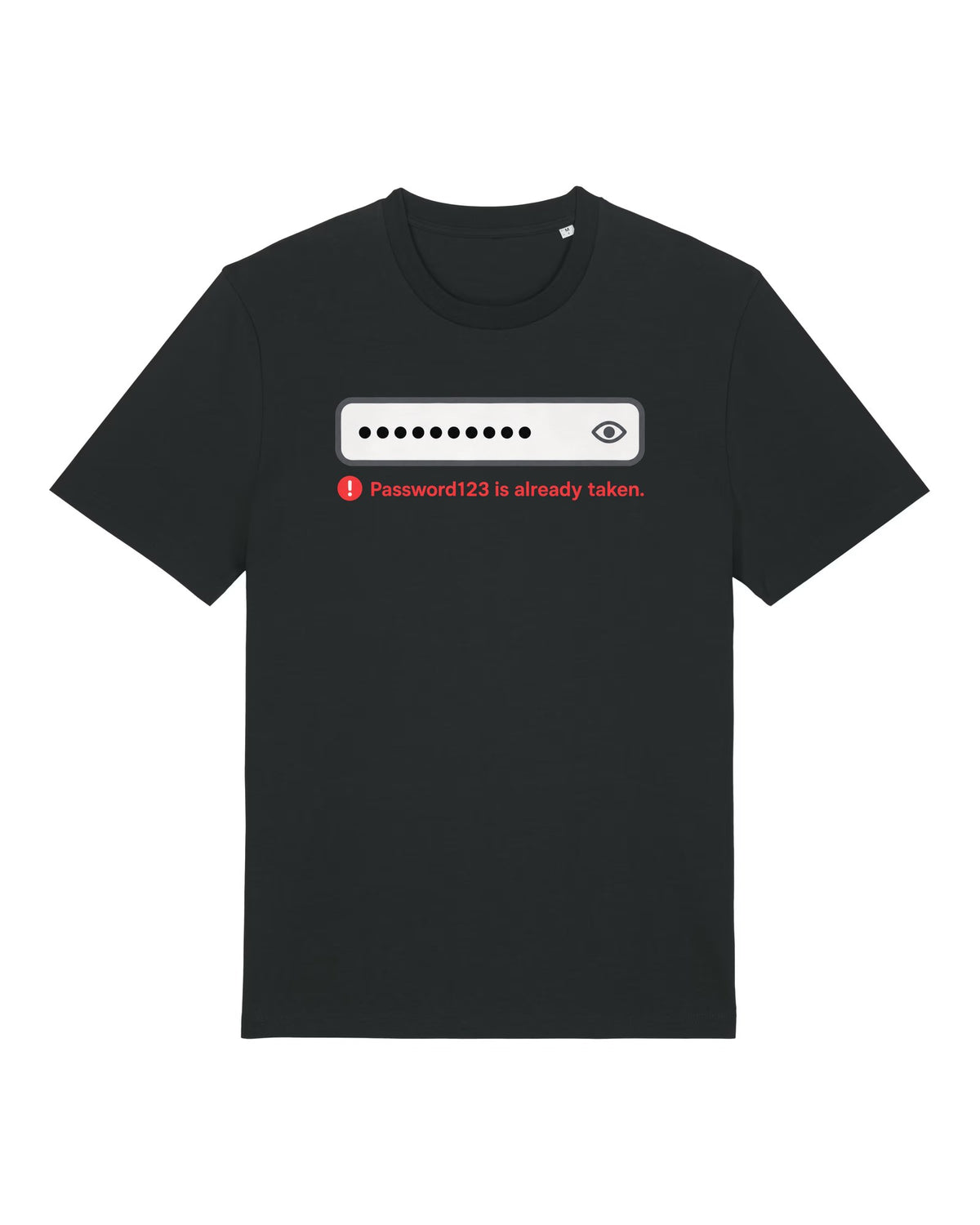 Black t-shirt with login field with error "Password123 is already taken."