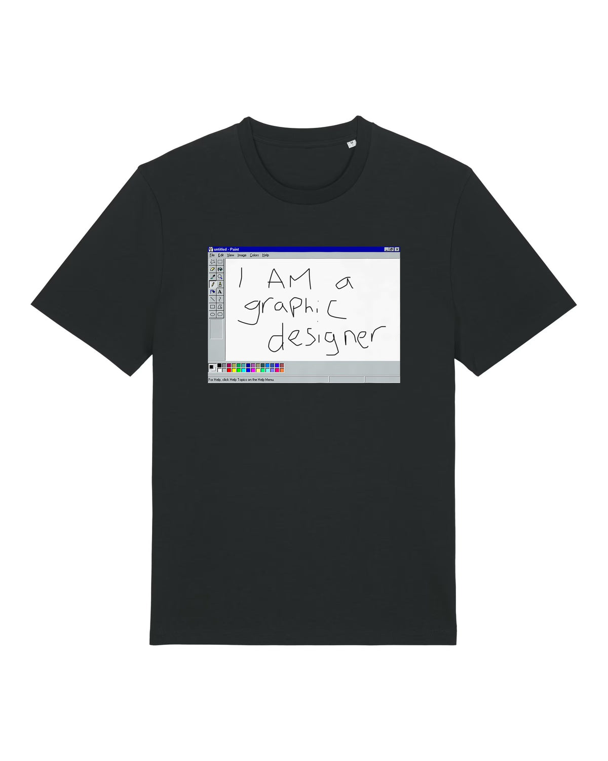 Black t-shirt with retro MS Paint window with handwritten "I AM a graphic designer"