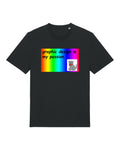 Black t-shirt with "graphic design is my passion" meme print: rainbow gradient and a cartoon cat