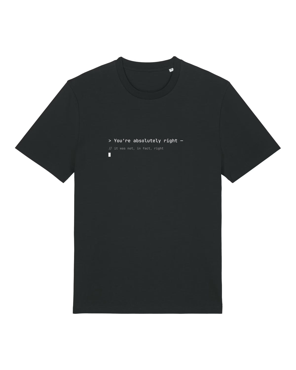 Black t-shirt with terminal-style "You're absolutely right" transcript with a code comment
