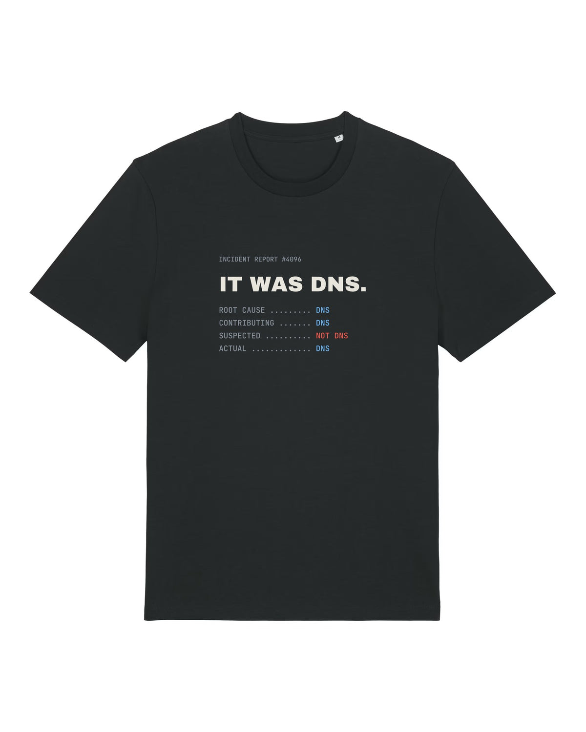Black t-shirt with "IT WAS DNS." incident report print for sysadmins
