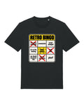 Black t-shirt with bingo card with sprint retrospective clichés