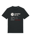 Black t-shirt with standup board with "BLOCKERS: this meeting"