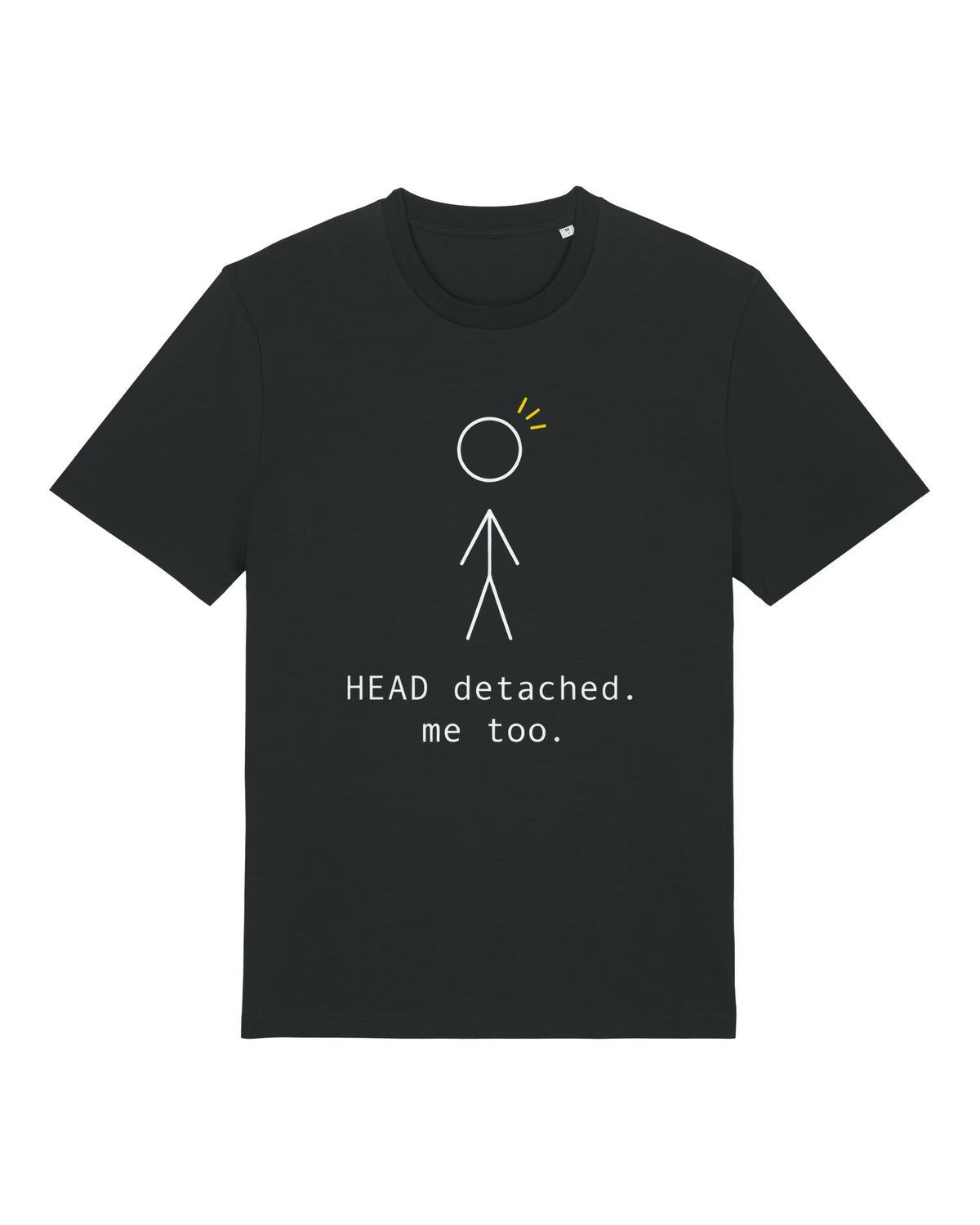 Black t-shirt with stick figure with git warning "HEAD detached. me too."