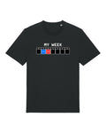 Black t-shirt with weekly calendar with only "patch" and "panic"
