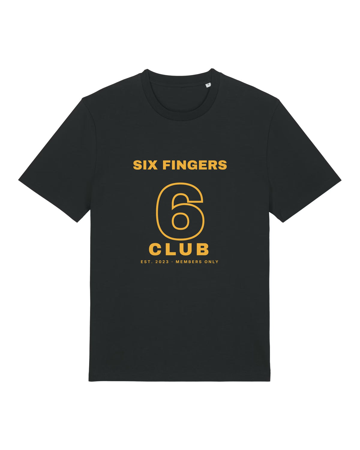 Black t-shirt with "Six Fingers Club" varsity print, an AI art meme