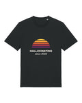 Black t-shirt with retro sunset with "Hallucinating since 2022"