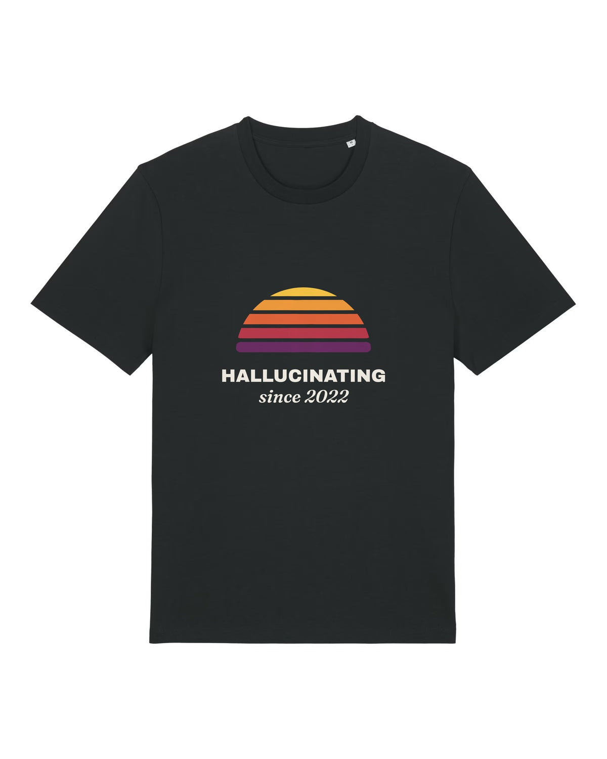 Black t-shirt with retro sunset with "Hallucinating since 2022"