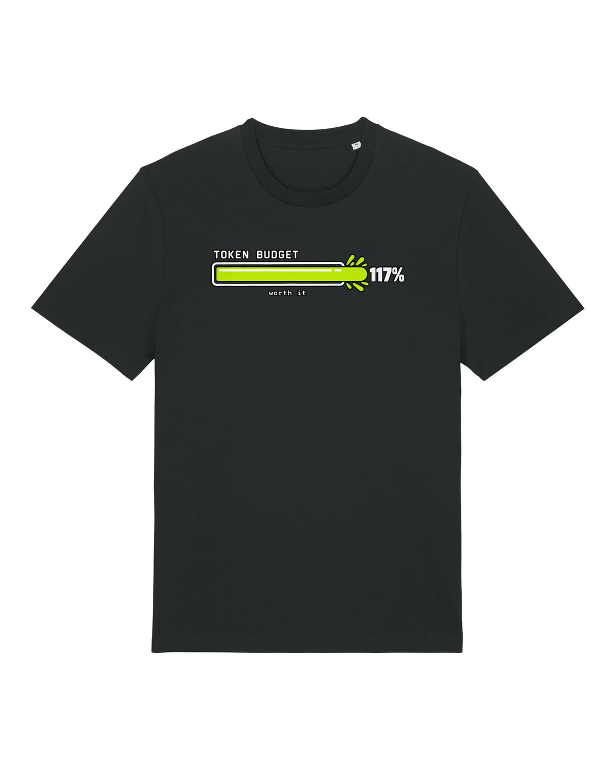 Black t-shirt with progress bar over 100% with "TOKEN BUDGET 117% — worth it"
