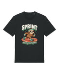 Black t-shirt with happy sloth in a headband with "SPRINT at my own pace"