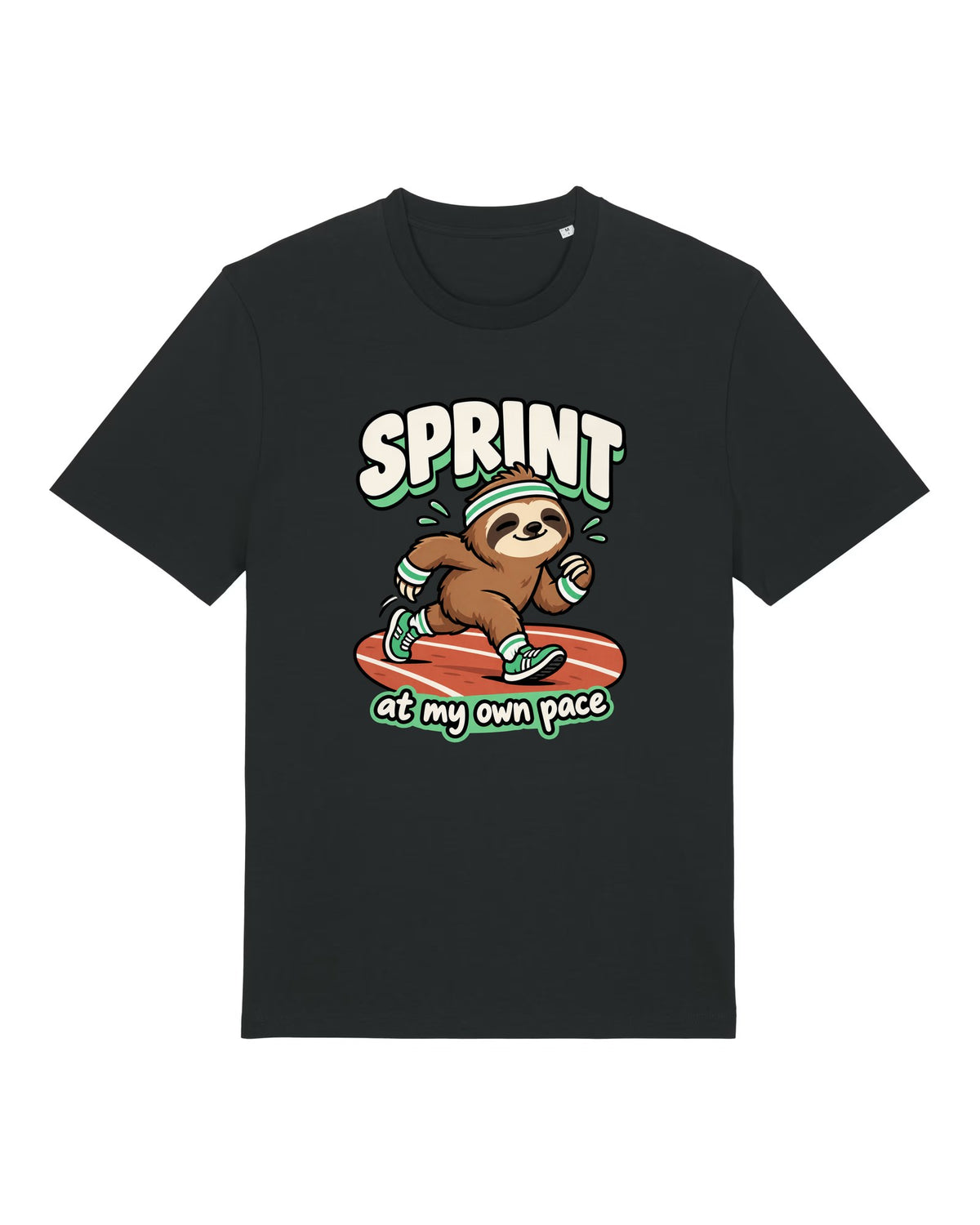 Black t-shirt with happy sloth in a headband with "SPRINT at my own pace"