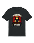 Black t-shirt with server rack on a stage with "PRODUCTION is just staging with an audience"
