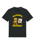 Black t-shirt with cheerful robot presenting a nonsense chart, "HALLUCINATING RESPONSIBLY"