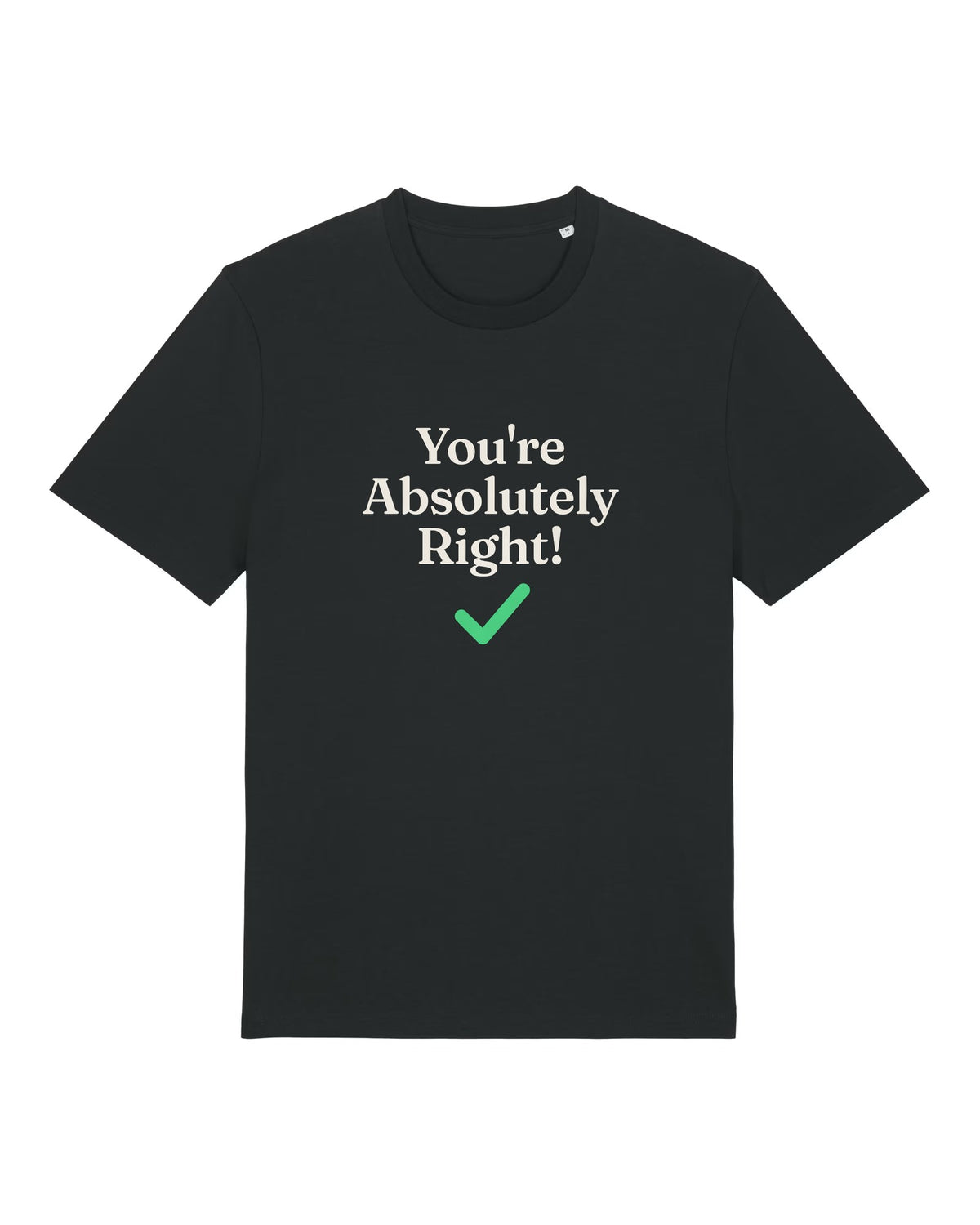 Black t-shirt with "You're Absolutely Right!" chatbot quote and green checkmark