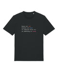 Black t-shirt with syntax-highlighted poem "Roses are red… it compiled first try, so something is wrong"