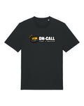 Black t-shirt with buzzing pager with "ON-CALL — sleep() is deprecated"