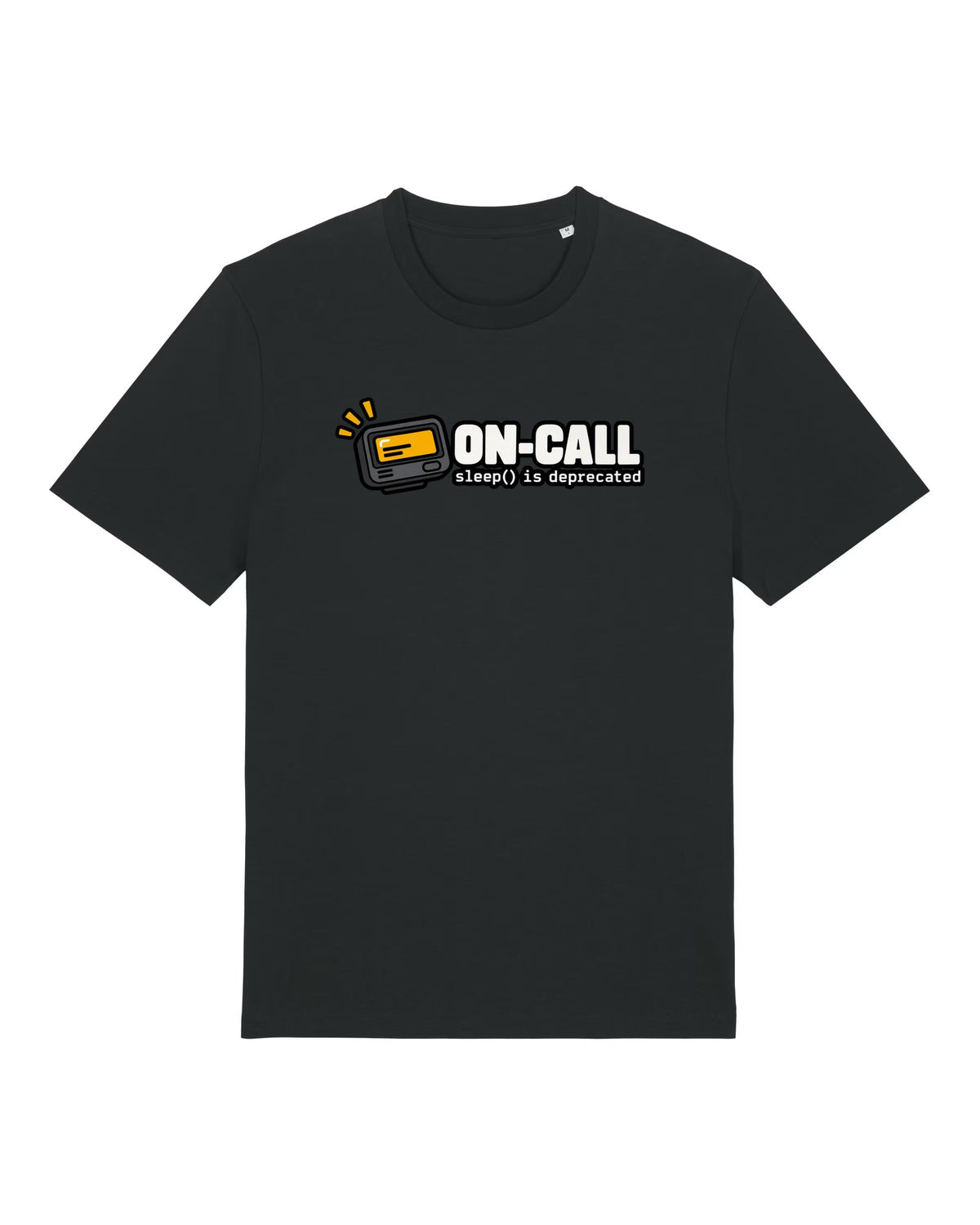 Black t-shirt with buzzing pager with "ON-CALL — sleep() is deprecated"
